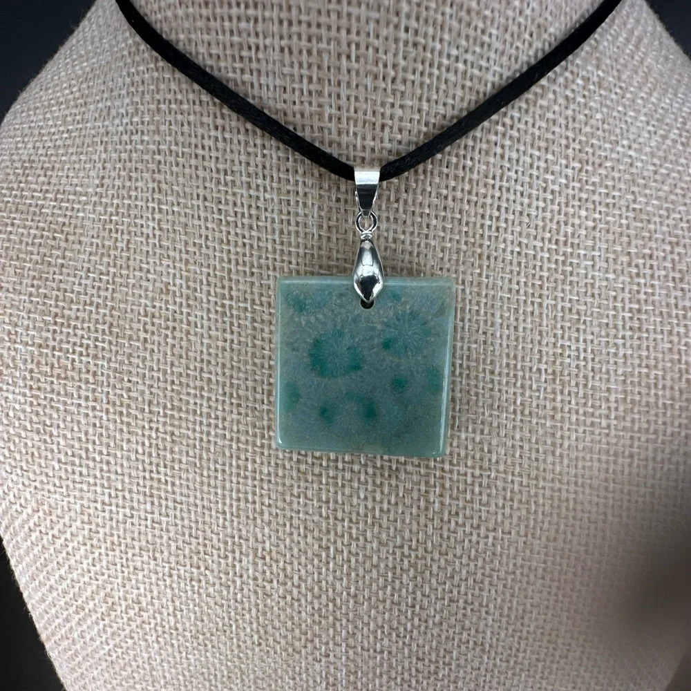 Light Green Coral Fossil Pendant Necklace on Black Satin Rope - Picture 12 of 15